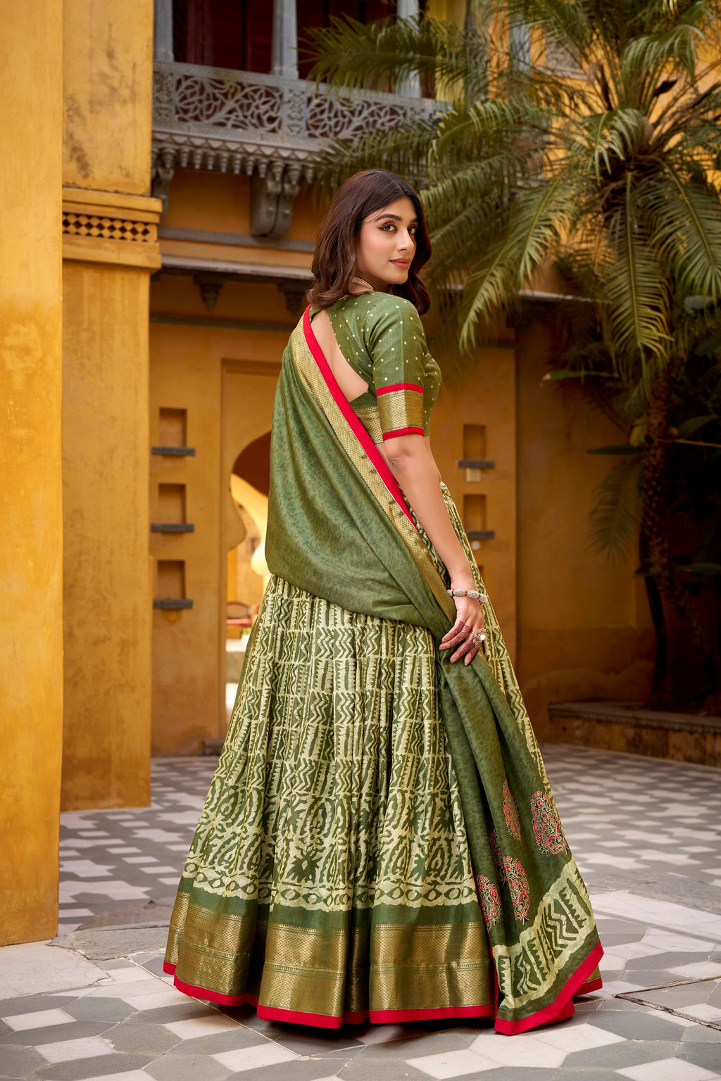 Lorenvalley Fashion Mehendi Dola Silk Batik Print with Zari Weaving Work Lehenga Choli with Dupatta - Distacart