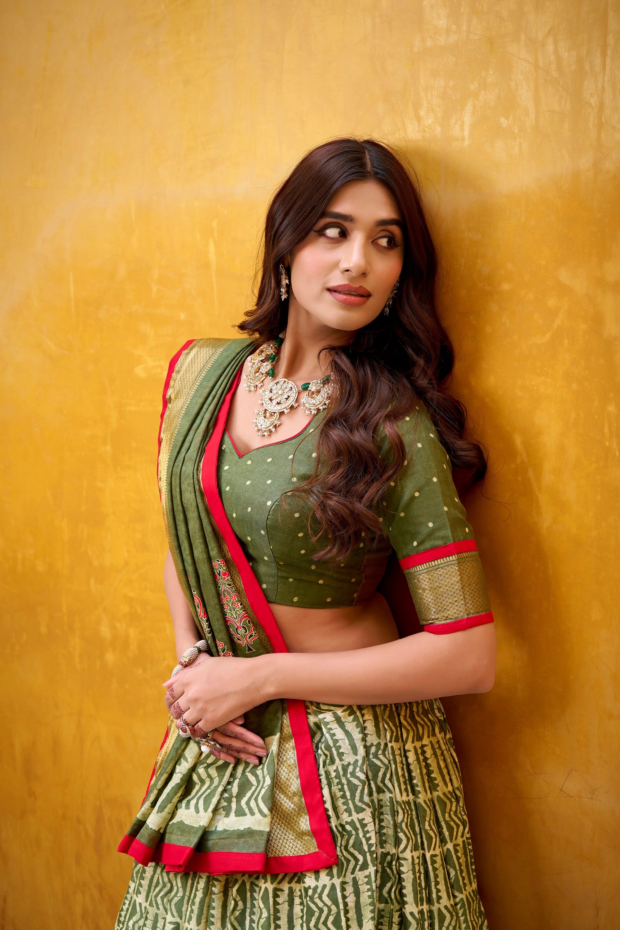 Lorenvalley Fashion Mehendi Dola Silk Batik Print with Zari Weaving Work Lehenga Choli with Dupatta - Distacart