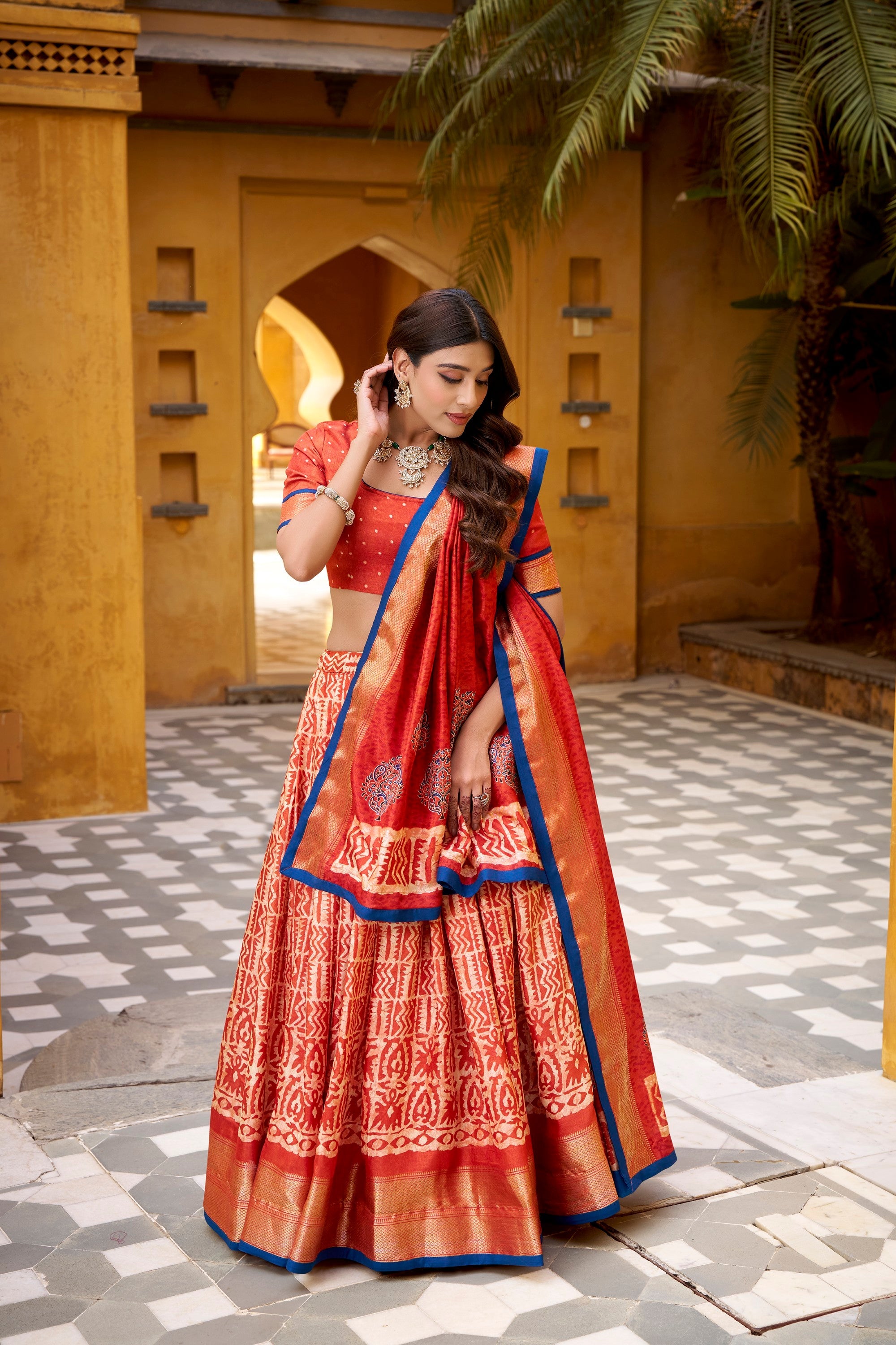 Lorenvalley Fashion Rust Dola Silk Batik Print with Zari Weaving Work Lehenga Choli with Dupatta - Distacart