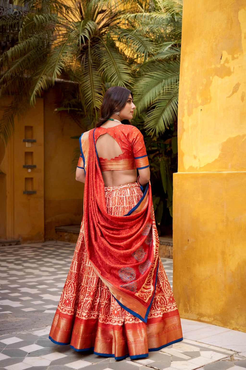 Lorenvalley Fashion Rust Dola Silk Batik Print with Zari Weaving Work Lehenga Choli with Dupatta - Distacart