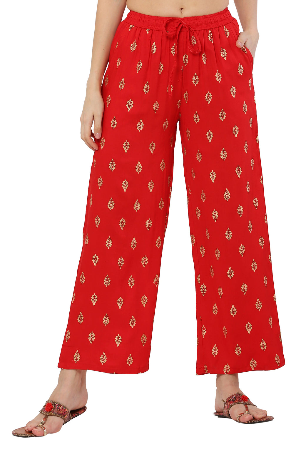 PAVONINE Red Color Full Golden Leaf Print Palazzo For Women Pant - Distacart