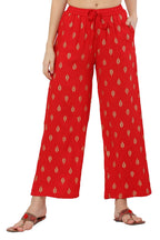 PAVONINE Red Color Full Golden Leaf Print Palazzo For Women Pant - Distacart