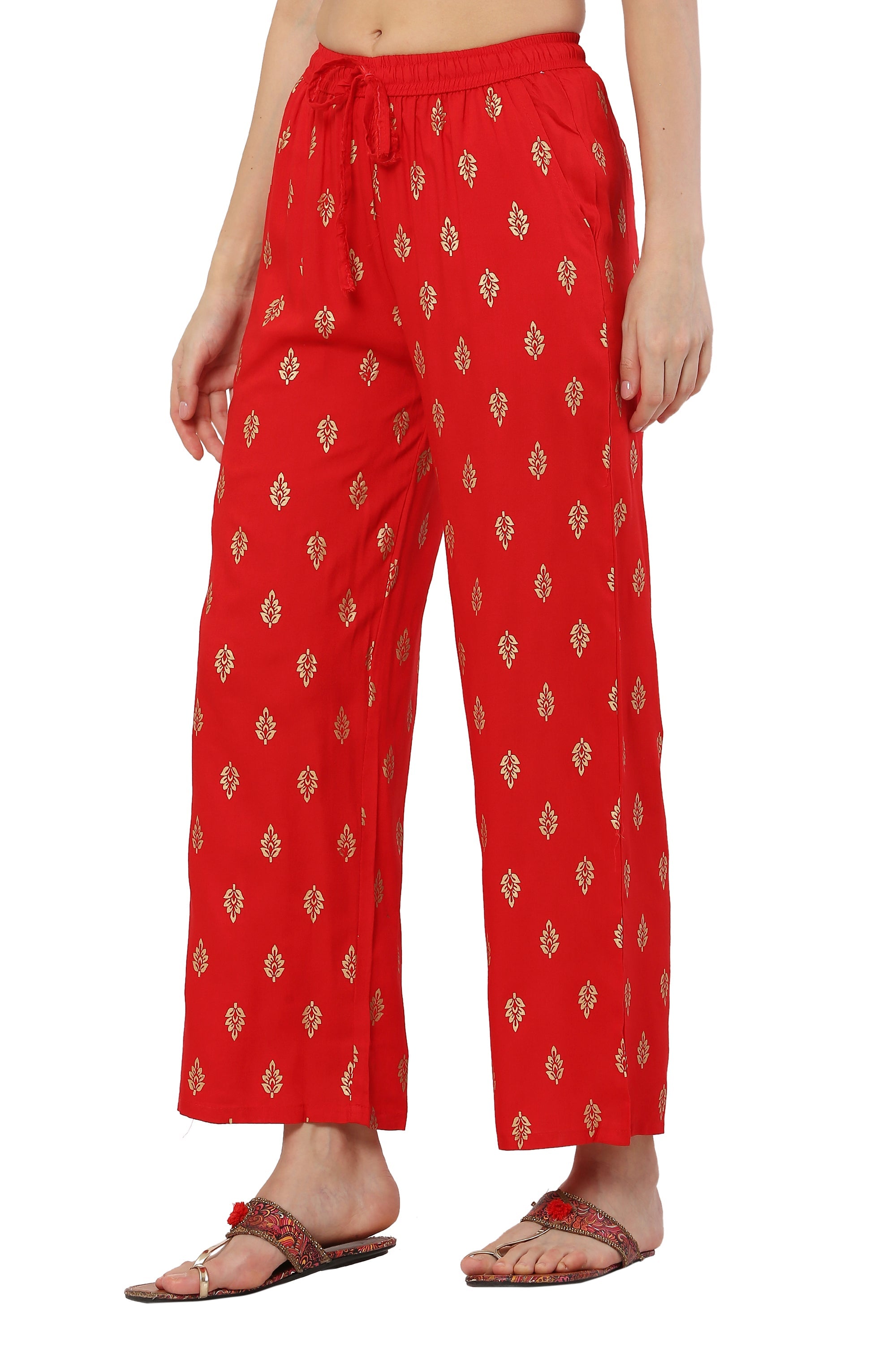 PAVONINE Red Color Full Golden Leaf Print Palazzo For Women Pant - Distacart