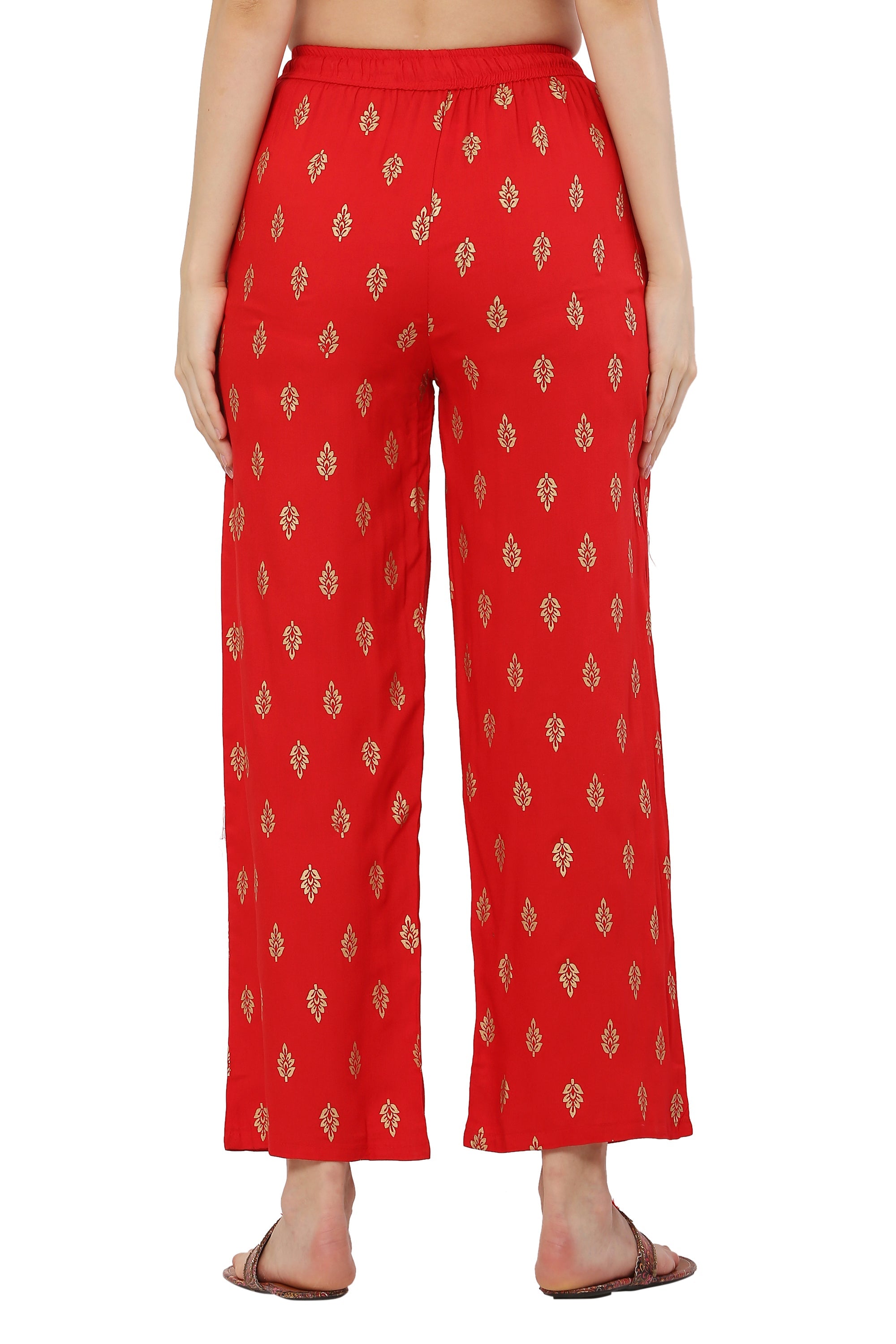 PAVONINE Red Color Full Golden Leaf Print Palazzo For Women Pant - Distacart