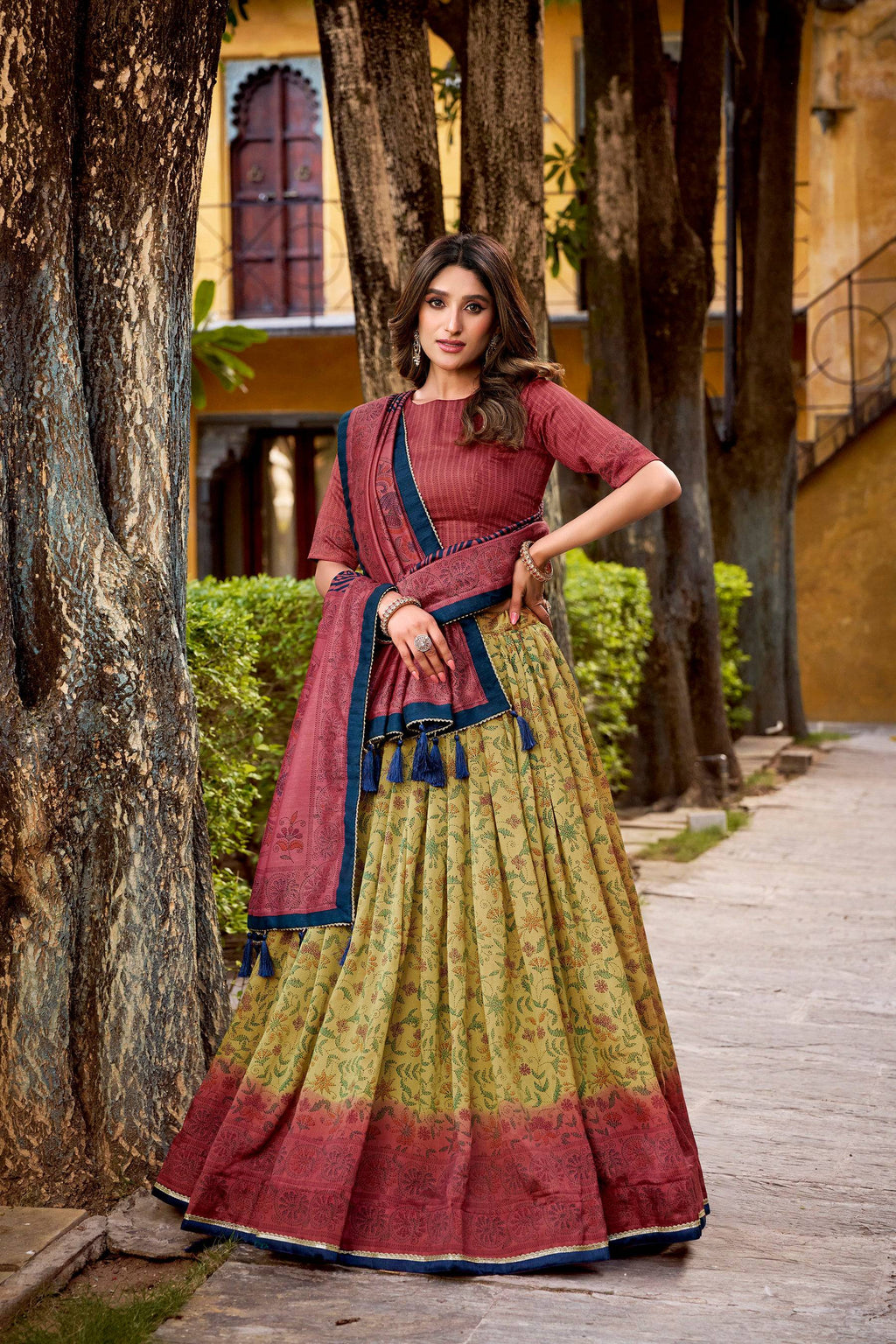 Lorenvalley Fashion Multicolor Vichitra Silk Printed Lehenga Choli with Dupatta - Distacart
