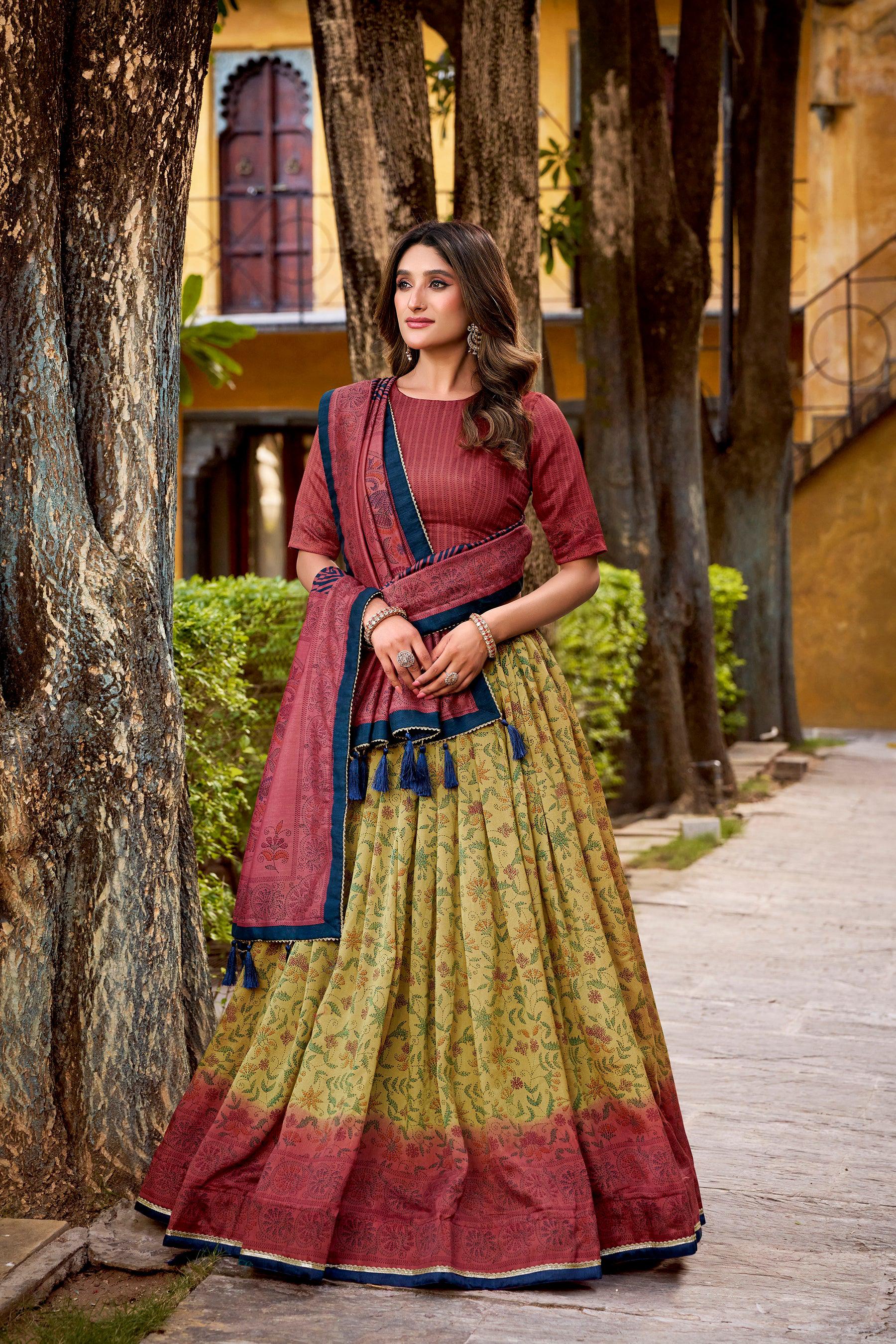 Lorenvalley Fashion Multicolor Vichitra Silk Printed Lehenga Choli with Dupatta - Distacart