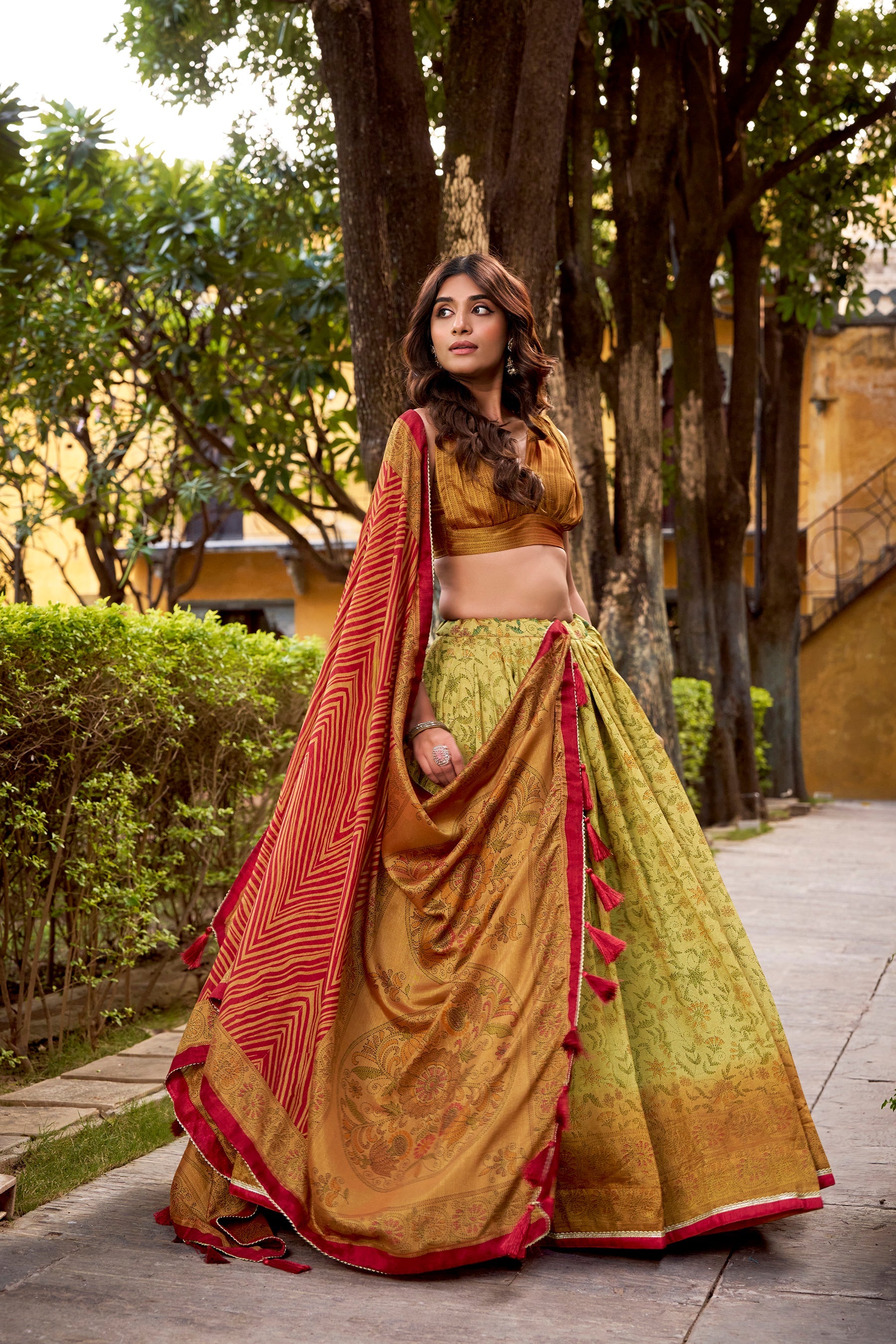 Lorenvalley Fashion Multicolor Vichitra Silk Printed Lehenga Choli with Dupatta - Distacart
