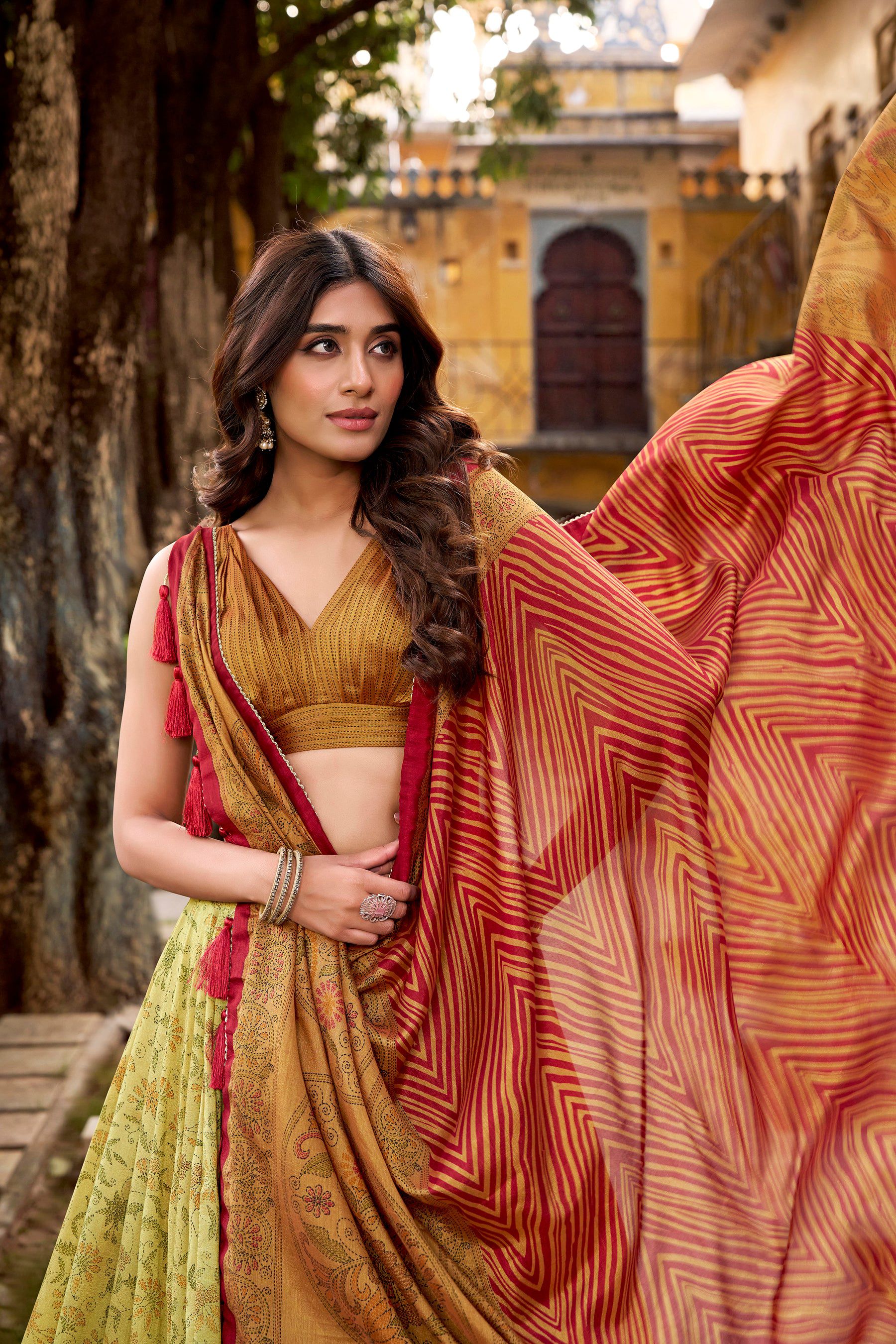Lorenvalley Fashion Multicolor Vichitra Silk Printed Lehenga Choli with Dupatta - Distacart