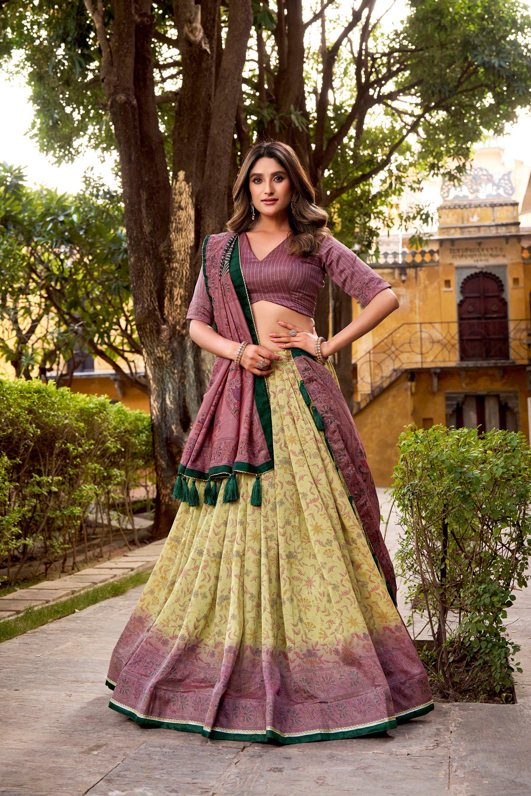 Lorenvalley Fashion Multicolor Vichitra Silk Printed Lehenga Choli with Dupatta - Distacart