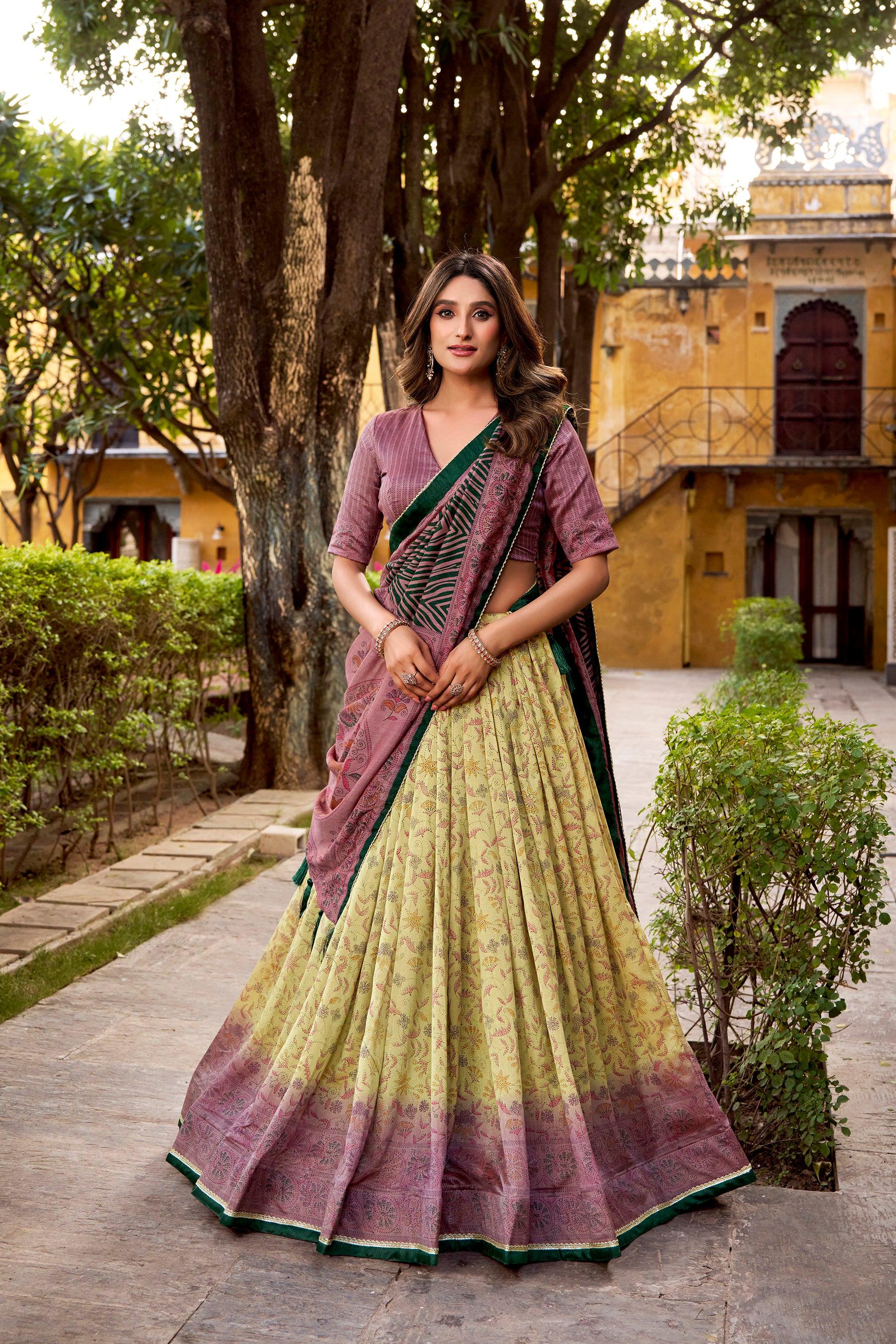 Lorenvalley Fashion Multicolor Vichitra Silk Printed Lehenga Choli with Dupatta - Distacart