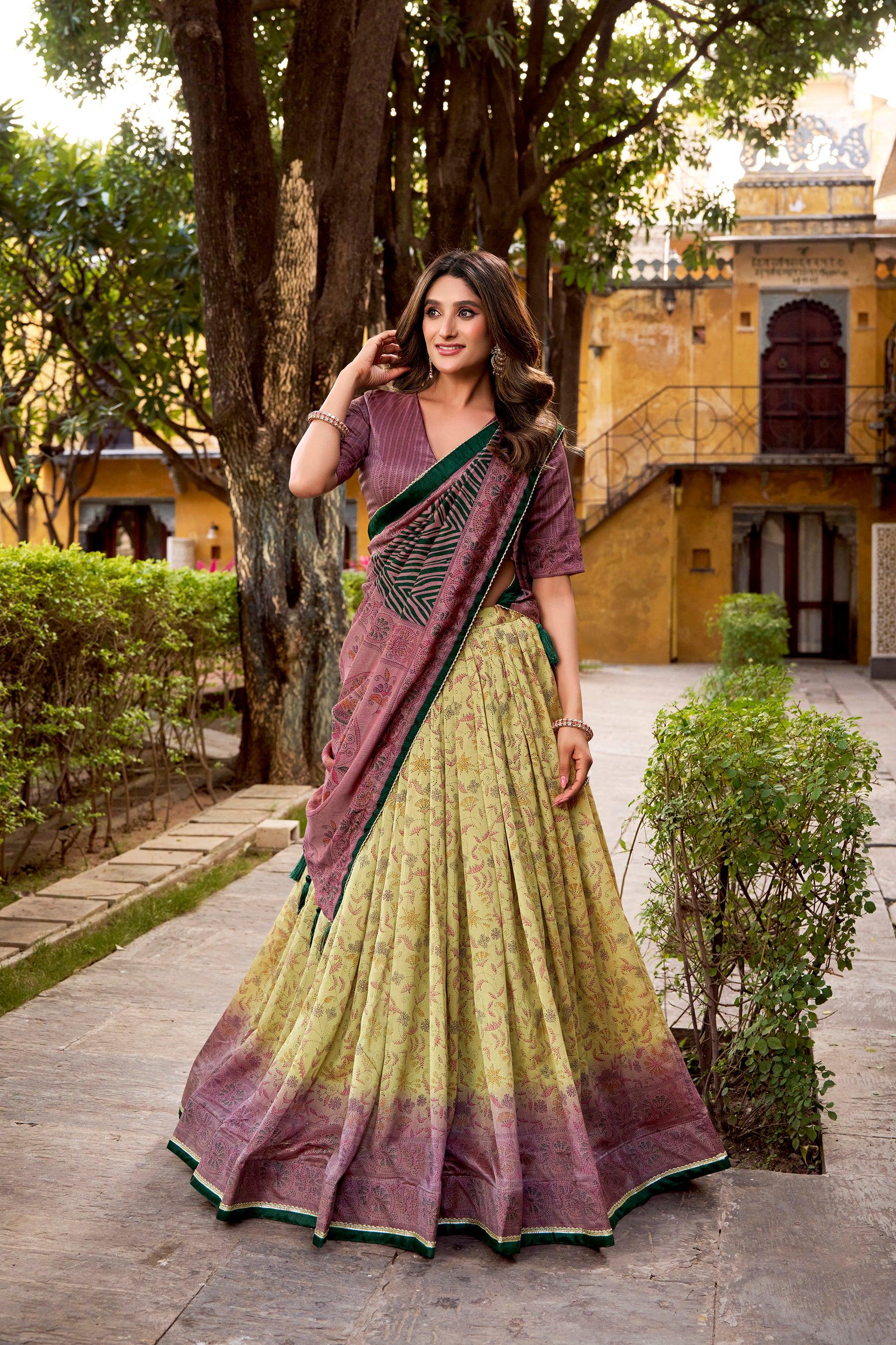 Lorenvalley Fashion Multicolor Vichitra Silk Printed Lehenga Choli with Dupatta - Distacart