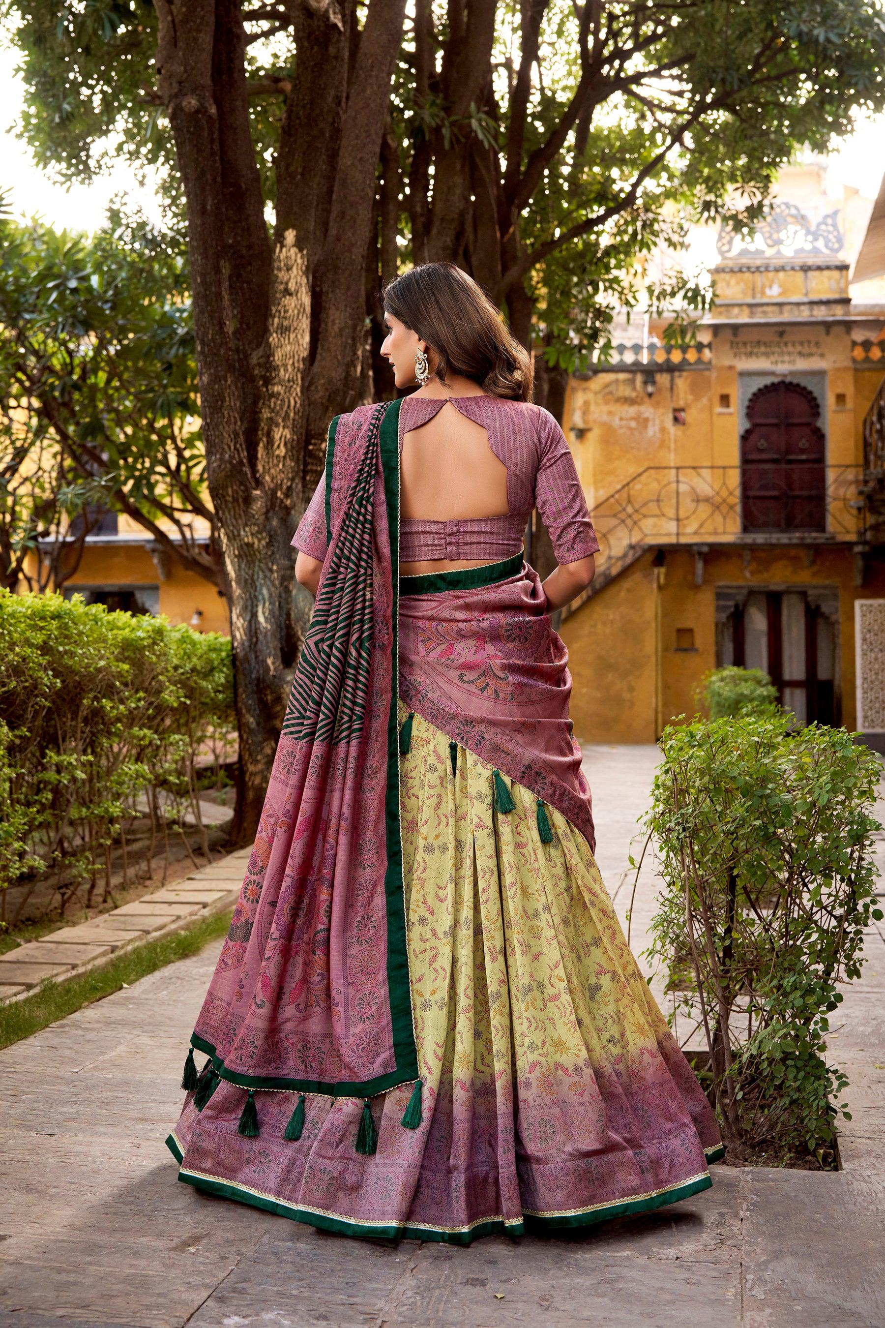 Lorenvalley Fashion Multicolor Vichitra Silk Printed Lehenga Choli with Dupatta - Distacart