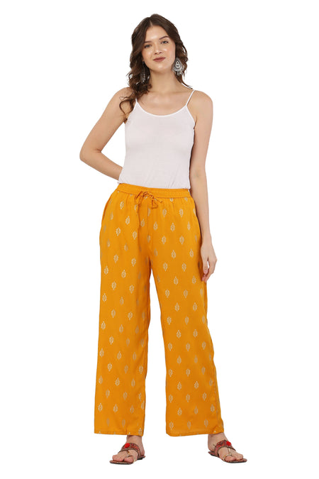 PAVONINE Mustard Color Full Golden Leaf Print Palazzo For Women Pant