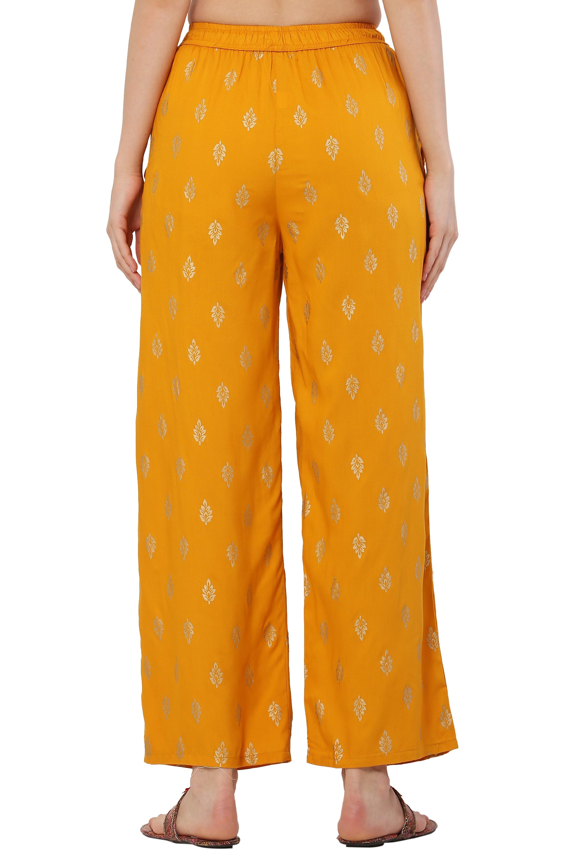 PAVONINE Mustard Color Full Golden Leaf Print Palazzo For Women Pant - Distacart