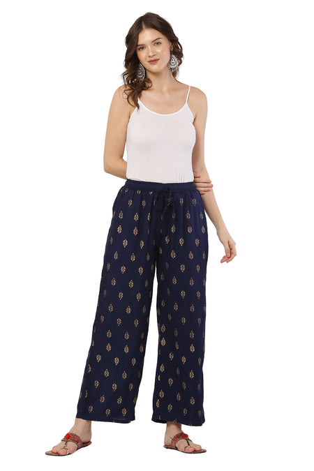 PAVONINE Navy Blue Color Full Golden Leaf Print Palazzo For Women Pant