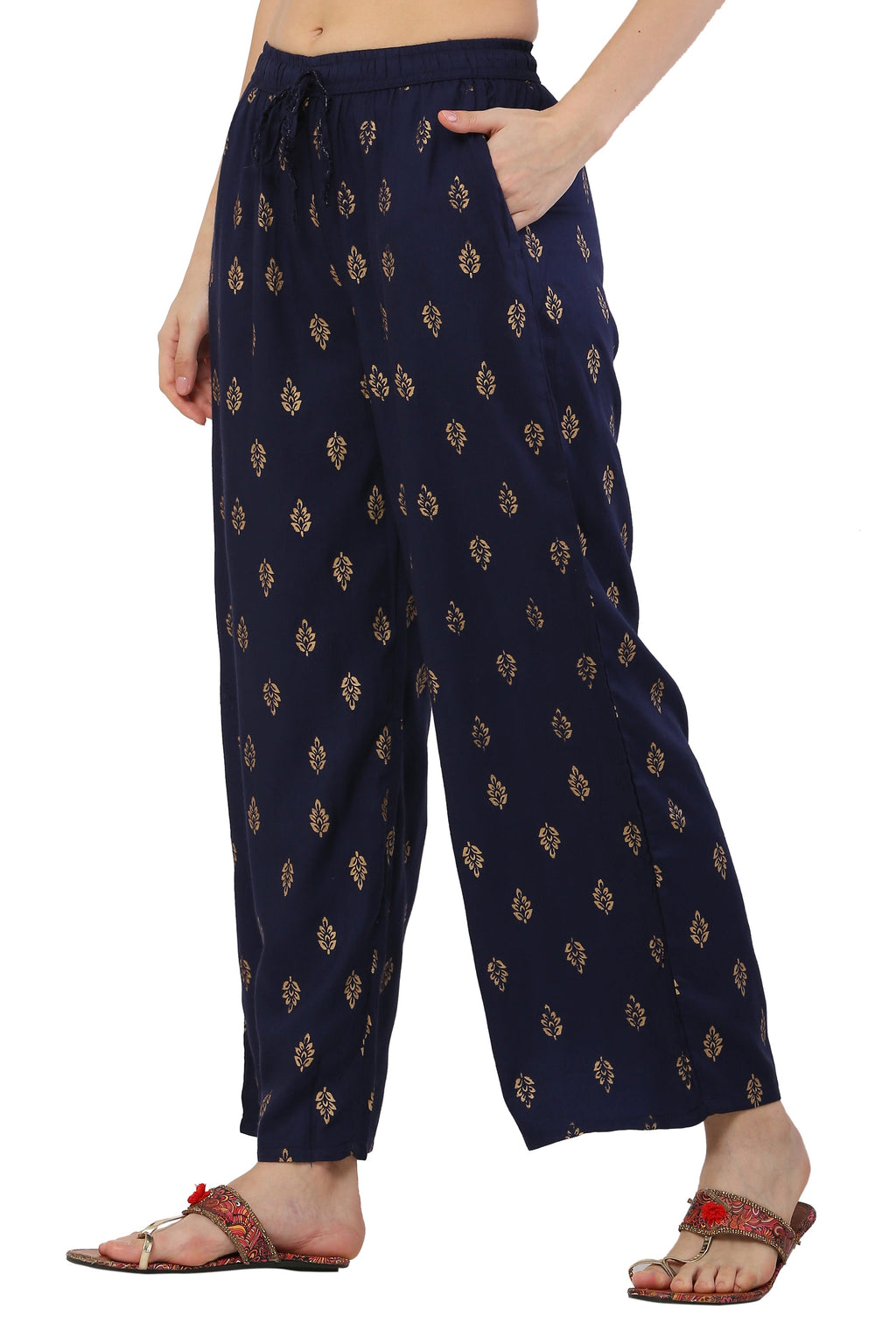 PAVONINE Navy Blue Color Full Golden Leaf Print Palazzo For Women Pant - Distacart