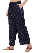 PAVONINE Navy Blue Color Full Golden Leaf Print Palazzo For Women Pant - Distacart