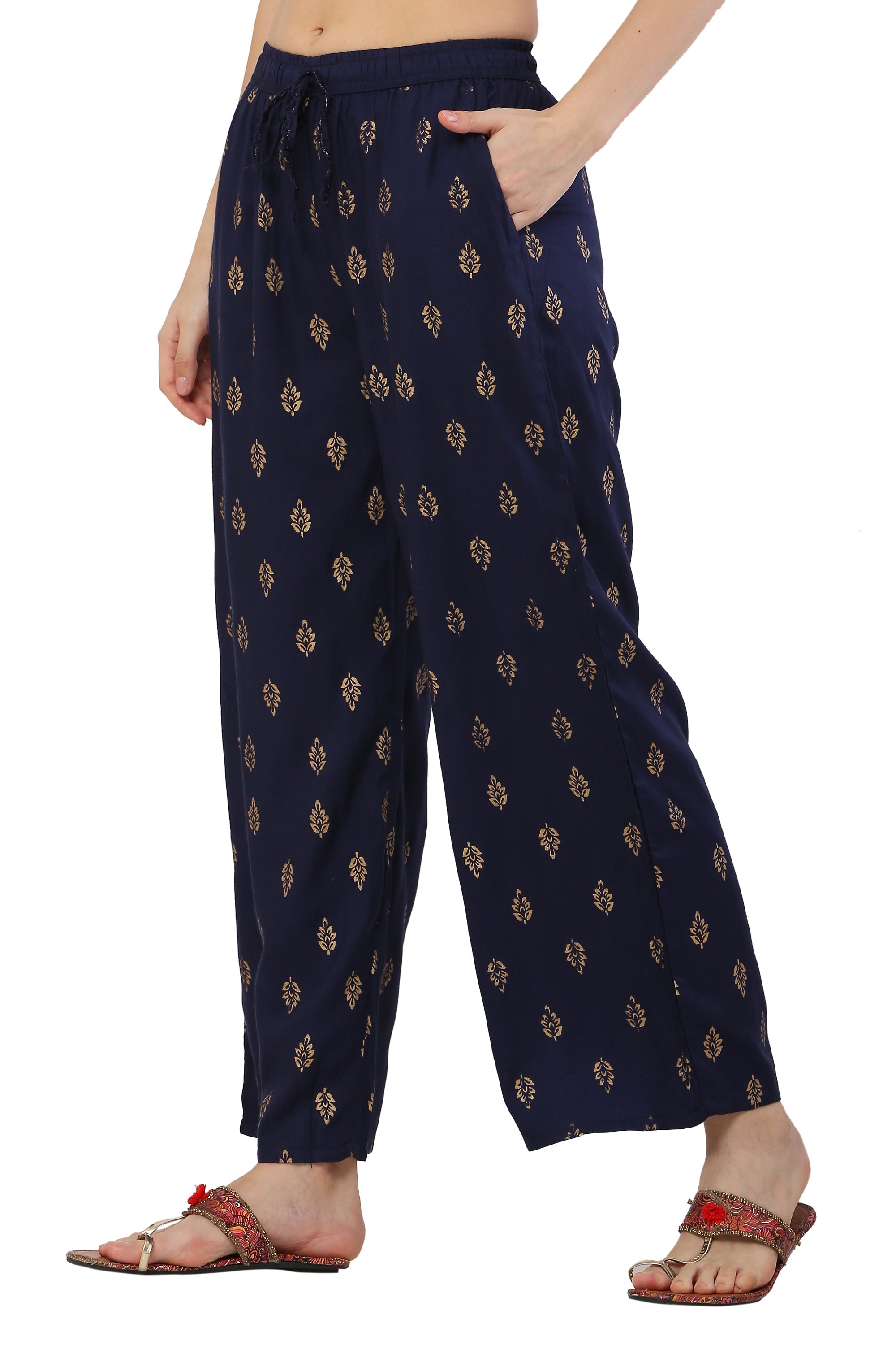 PAVONINE Navy Blue Color Full Golden Leaf Print Palazzo For Women Pant - Distacart