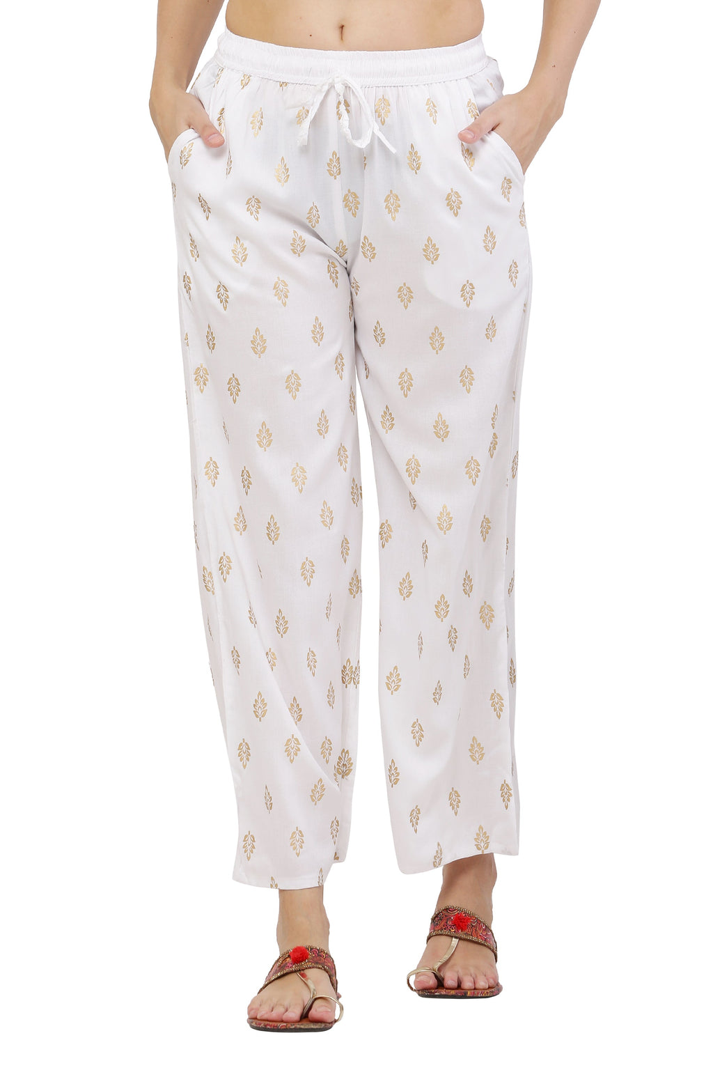 PAVONINE White Color Full Golden Leaf Print Palazzo For Women Pant - Distacart