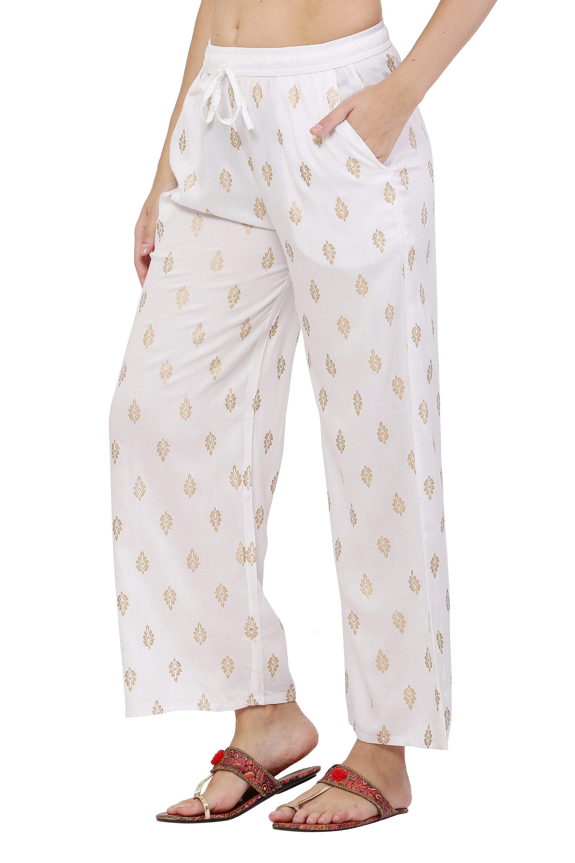PAVONINE White Color Full Golden Leaf Print Palazzo For Women Pant - Distacart