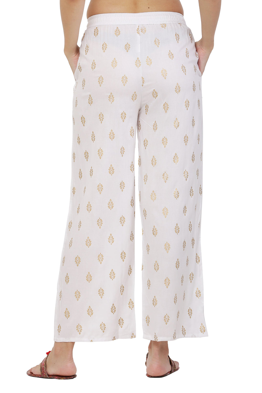 PAVONINE White Color Full Golden Leaf Print Palazzo For Women Pant - Distacart