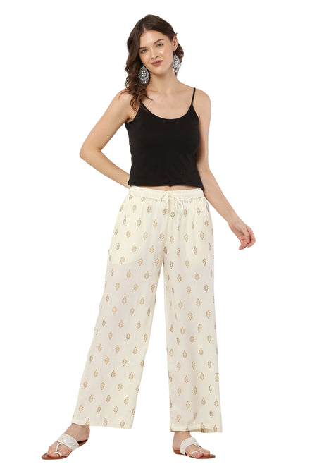 PAVONINE Off White Color Full Golden Leaf Print Palazzo For Women Pant