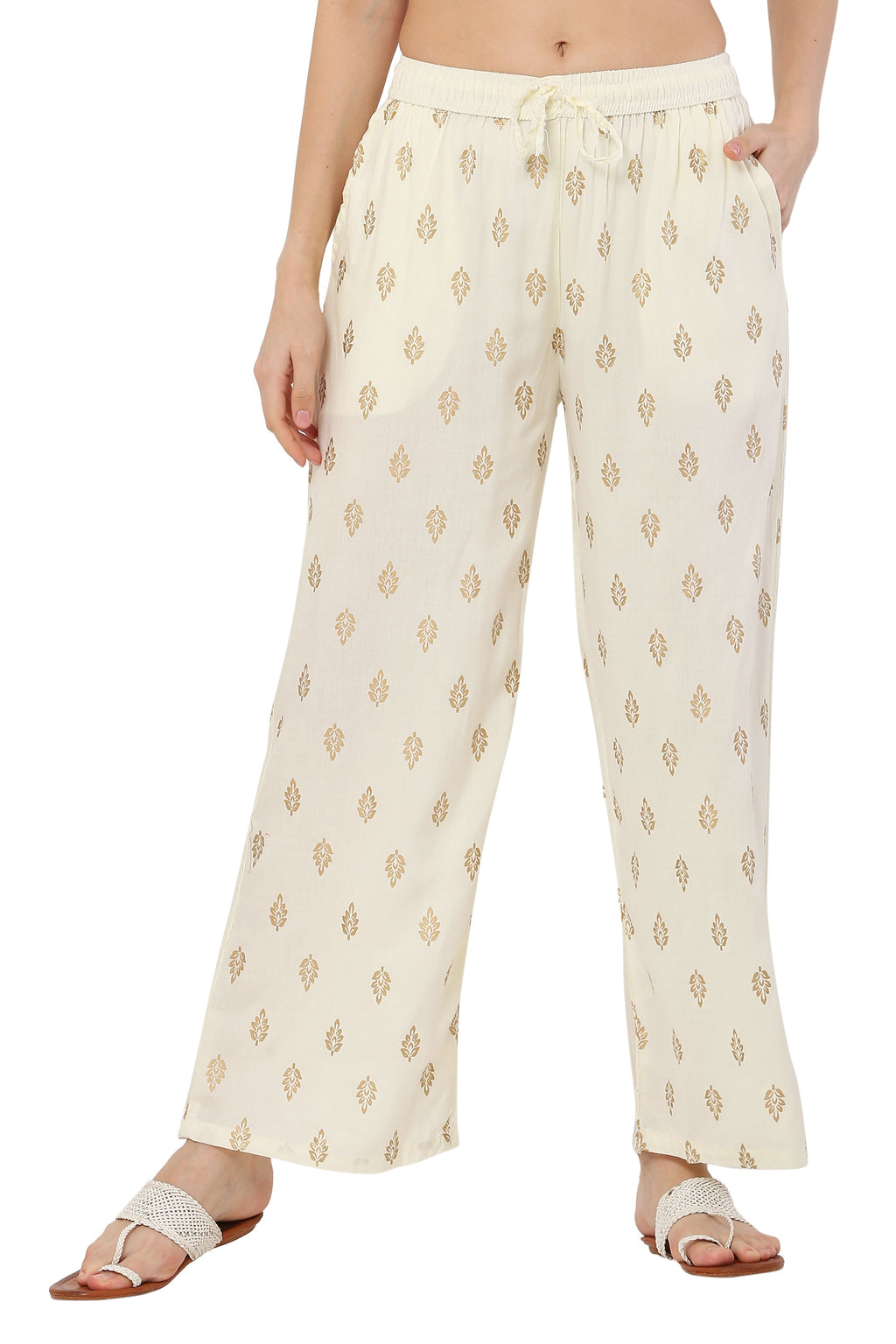 PAVONINE Off White Color Full Golden Leaf Print Palazzo For Women Pant - Distacart