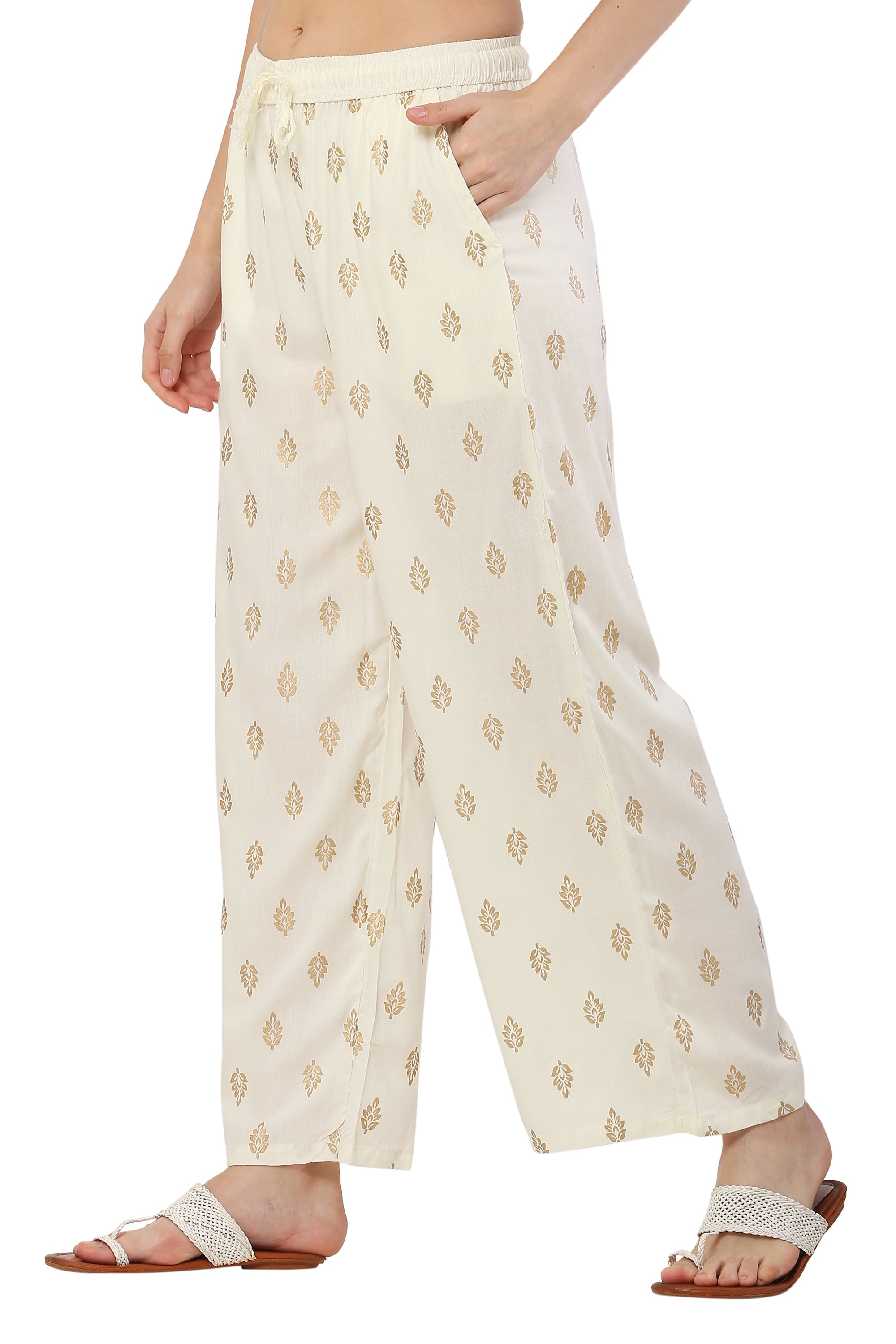PAVONINE Off White Color Full Golden Leaf Print Palazzo For Women Pant - Distacart