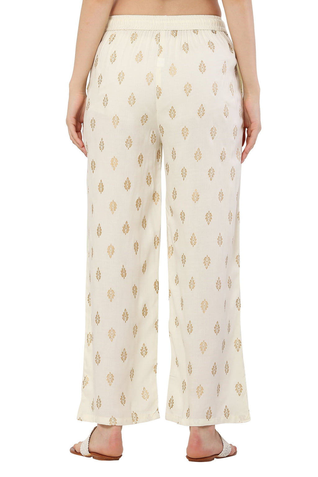 PAVONINE Off White Color Full Golden Leaf Print Palazzo For Women Pant - Distacart