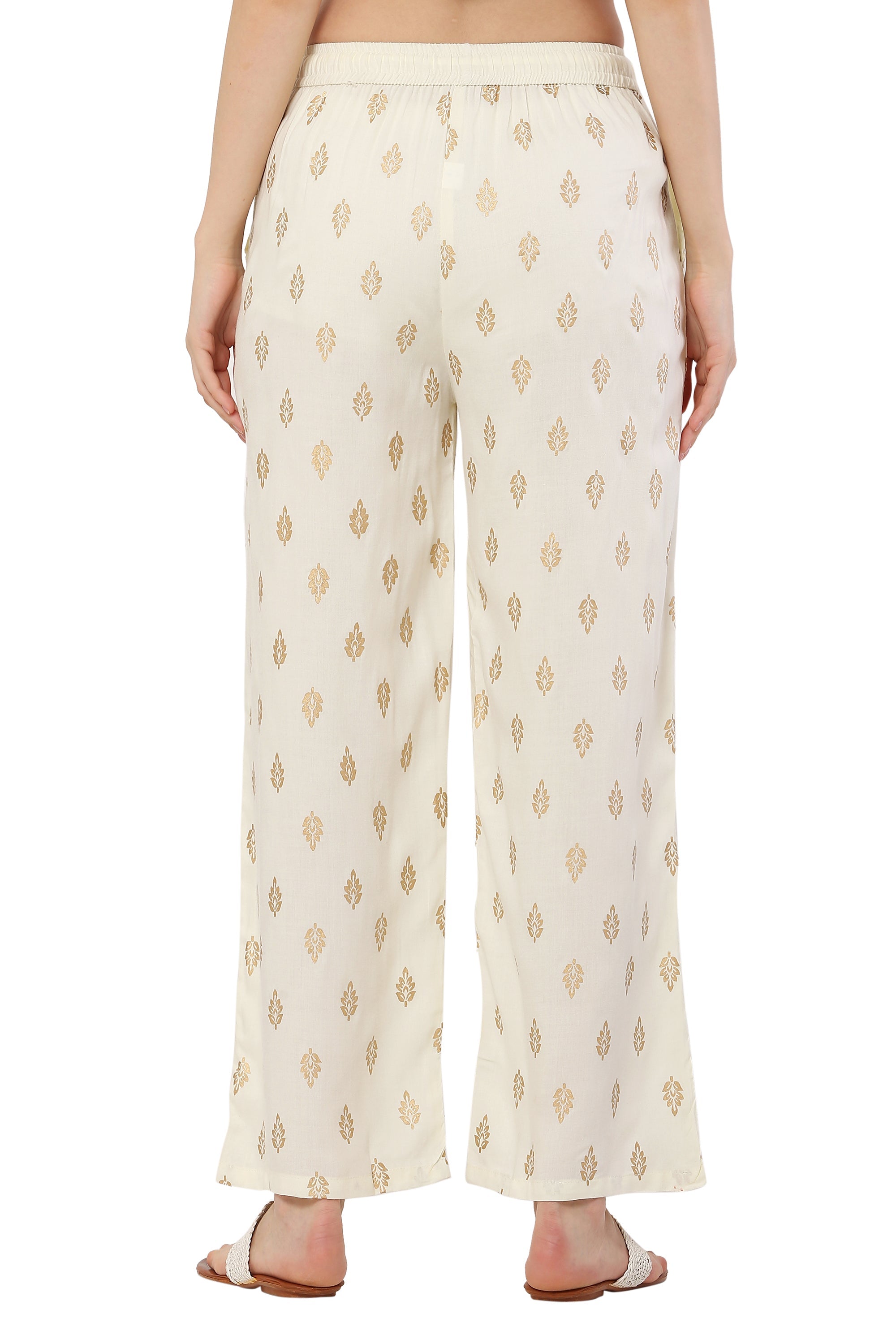 PAVONINE Off White Color Full Golden Leaf Print Palazzo For Women Pant - Distacart