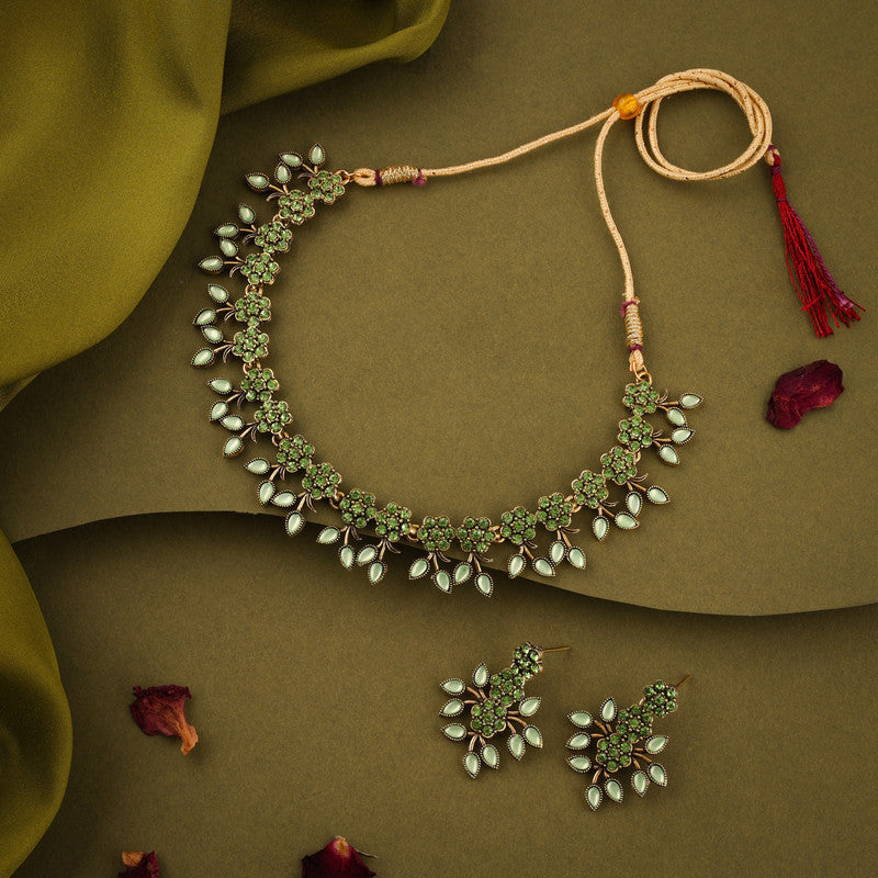 Tehzeeb Creations Sea Green Pack of 1 Gold-Polished Choker Necklace Set With Earring For Women & Girls