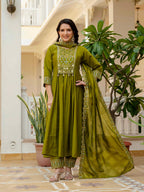 Vedant Vastram Roman Silk Hand Work & Embroidery Work Stitched Kurta Pant Dupatta Set-Mahendi - Distacart