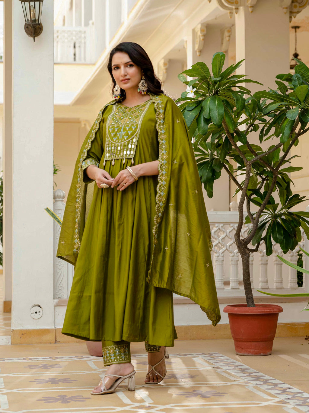 Vedant Vastram Roman Silk Hand Work & Embroidery Work Stitched Kurta Pant Dupatta Set-Mahendi - Distacart