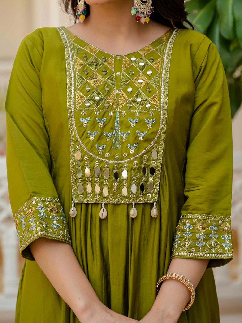 Vedant Vastram Roman Silk Hand Work & Embroidery Work Stitched Kurta Pant Dupatta Set-Mahendi - Distacart