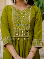 Vedant Vastram Roman Silk Hand Work & Embroidery Work Stitched Kurta Pant Dupatta Set-Mahendi - Distacart