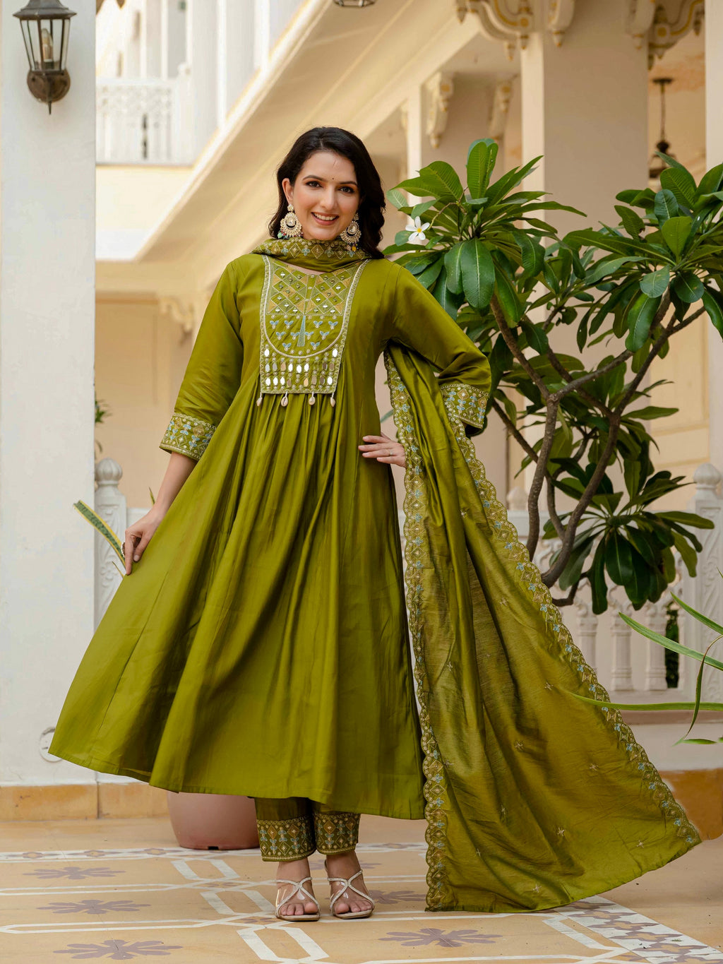 Vedant Vastram Roman Silk Hand Work & Embroidery Work Stitched Kurta Pant Dupatta Set-Mahendi - Distacart
