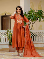 Vedant Vastram Roman Silk Hand Work & Embroidery Work Stitched Kurta Pant Dupatta Set-Orange - Distacart