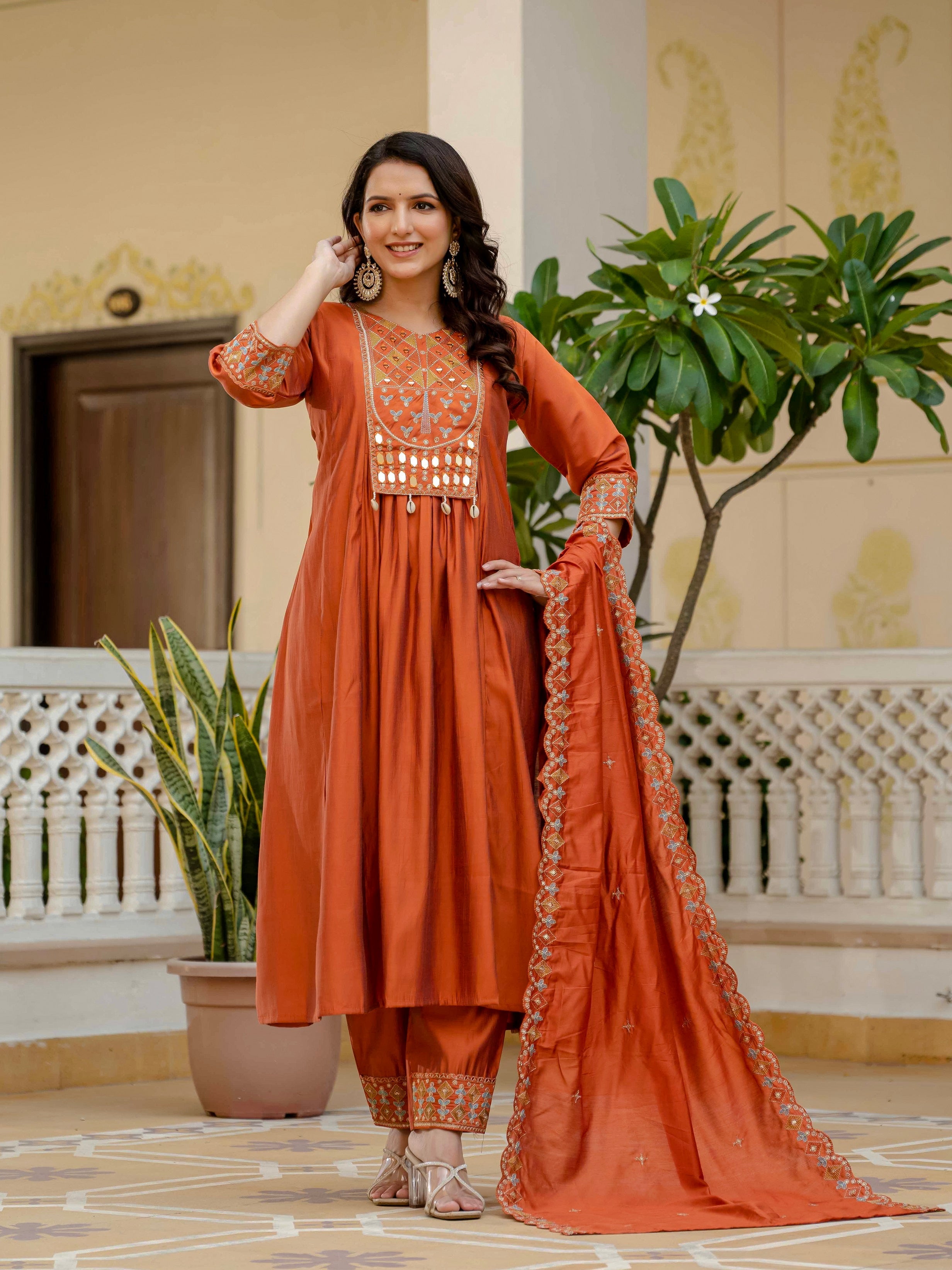 Vedant Vastram Roman Silk Hand Work & Embroidery Work Stitched Kurta Pant Dupatta Set-Orange - Distacart