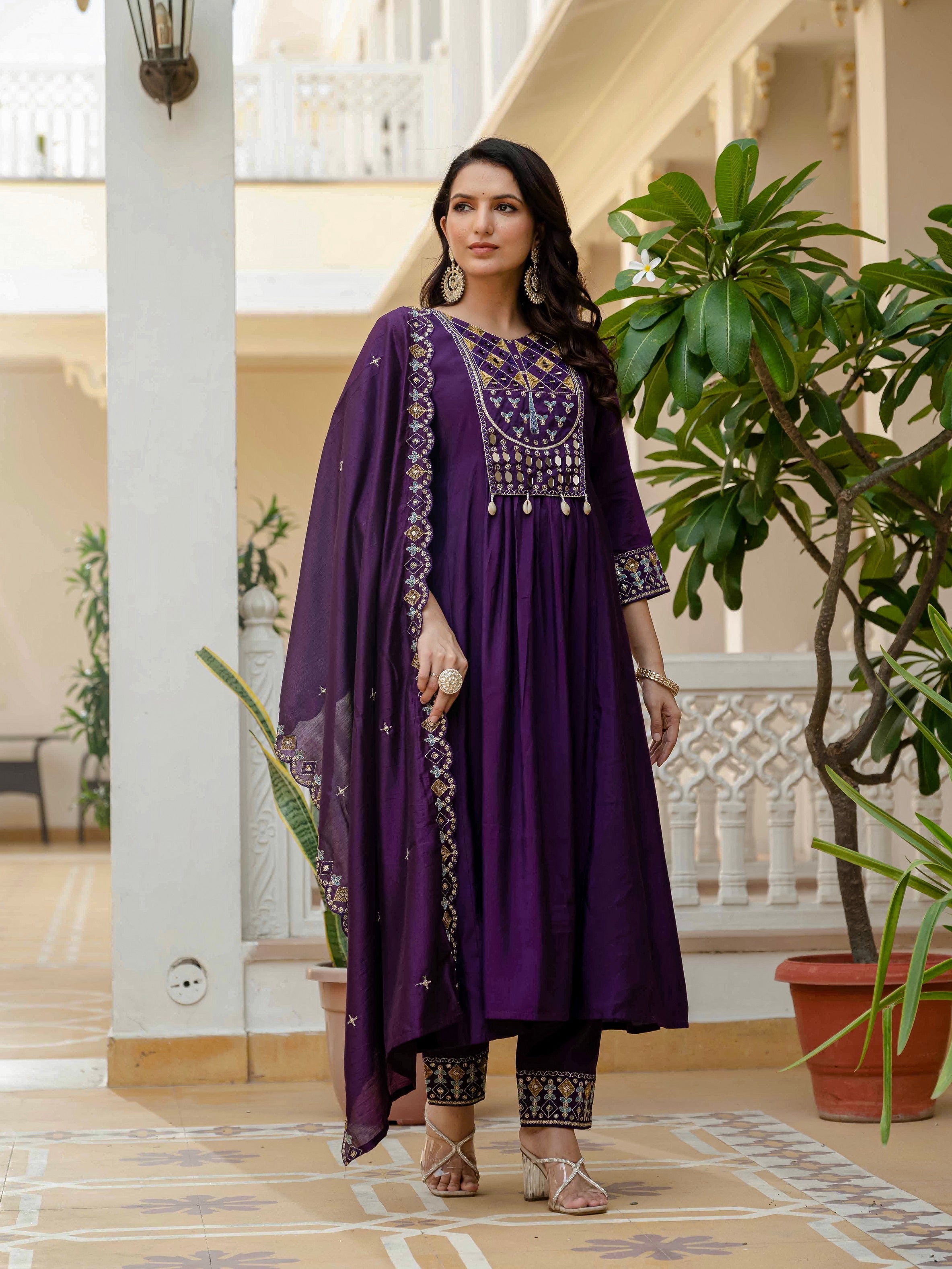 Vedant Vastram Roman Silk Hand Work & Embroidery Work Stitched Kurta Pant Dupatta Set-Purple - Distacart