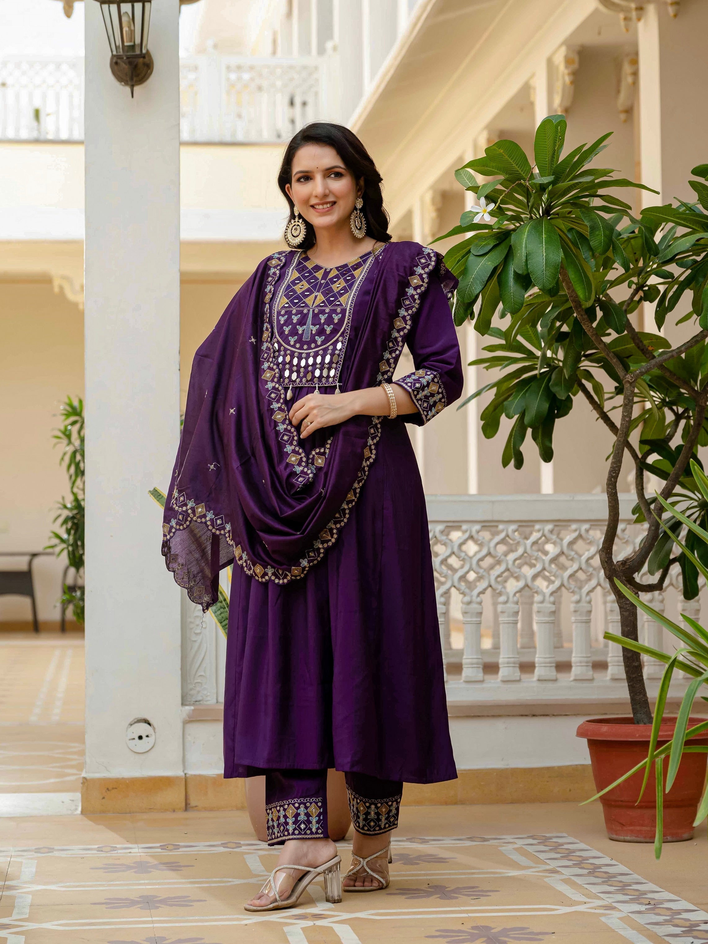 Vedant Vastram Roman Silk Hand Work & Embroidery Work Stitched Kurta Pant Dupatta Set-Purple - Distacart