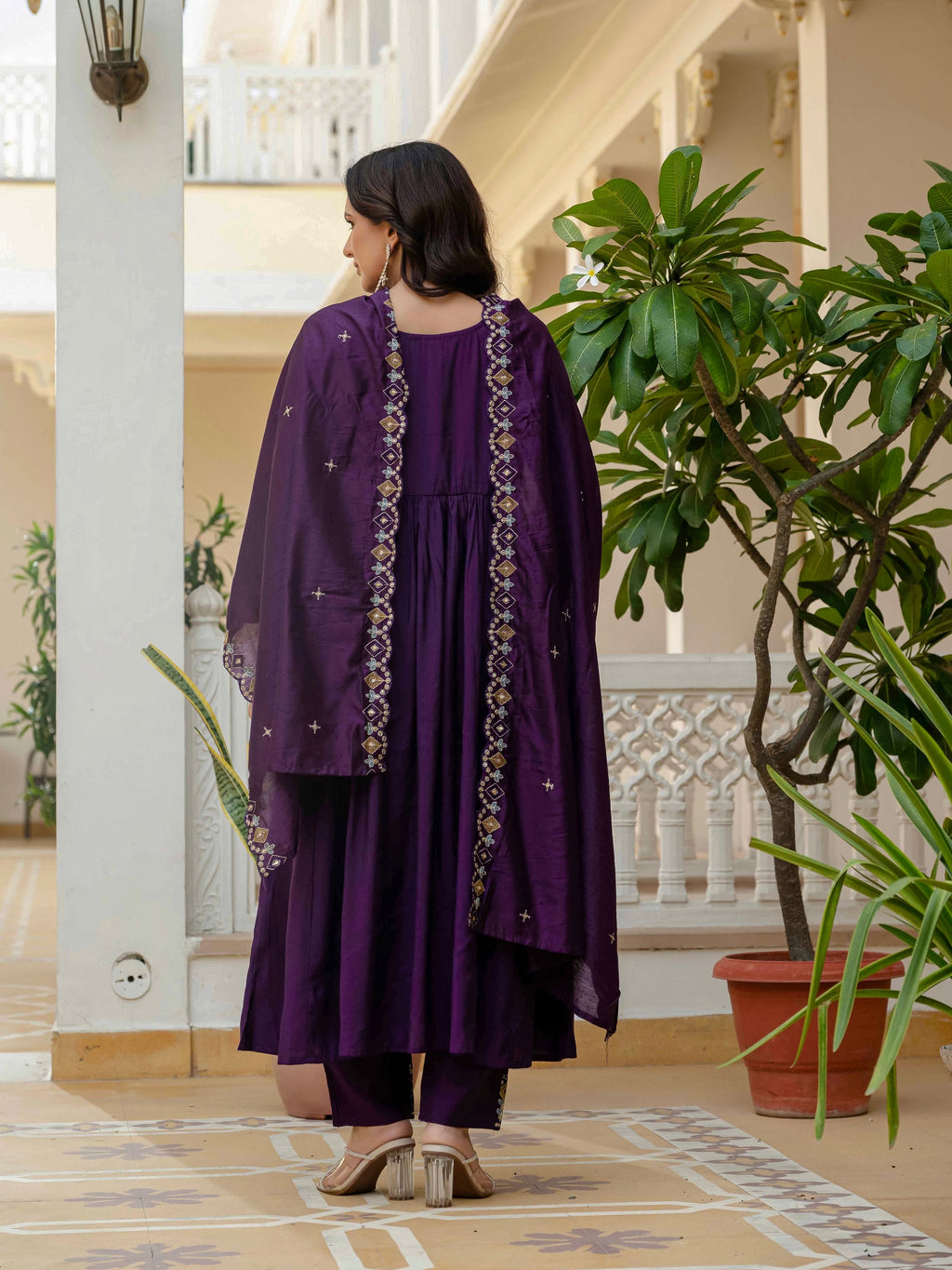 Vedant Vastram Roman Silk Hand Work & Embroidery Work Stitched Kurta Pant Dupatta Set-Purple - Distacart