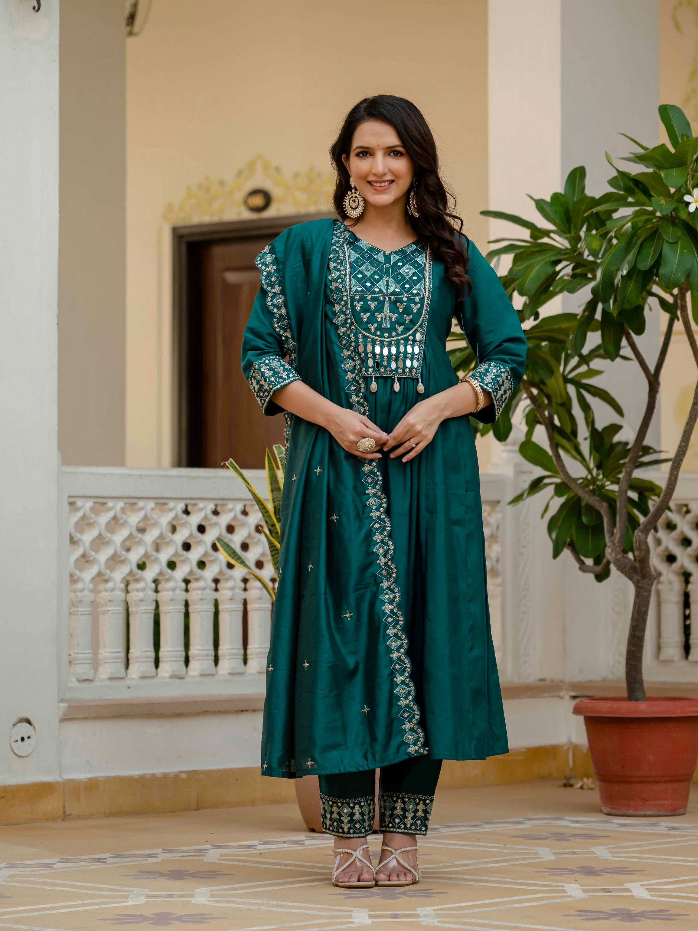 Vedant Vastram Roman Silk Hand Work & Embroidery Work Stitched Kurta Pant Dupatta Set-Rama - Distacart