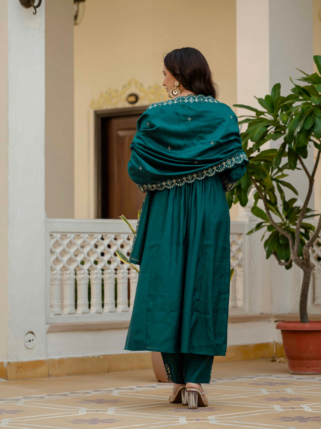 Vedant Vastram Roman Silk Hand Work & Embroidery Work Stitched Kurta Pant Dupatta Set-Rama - Distacart