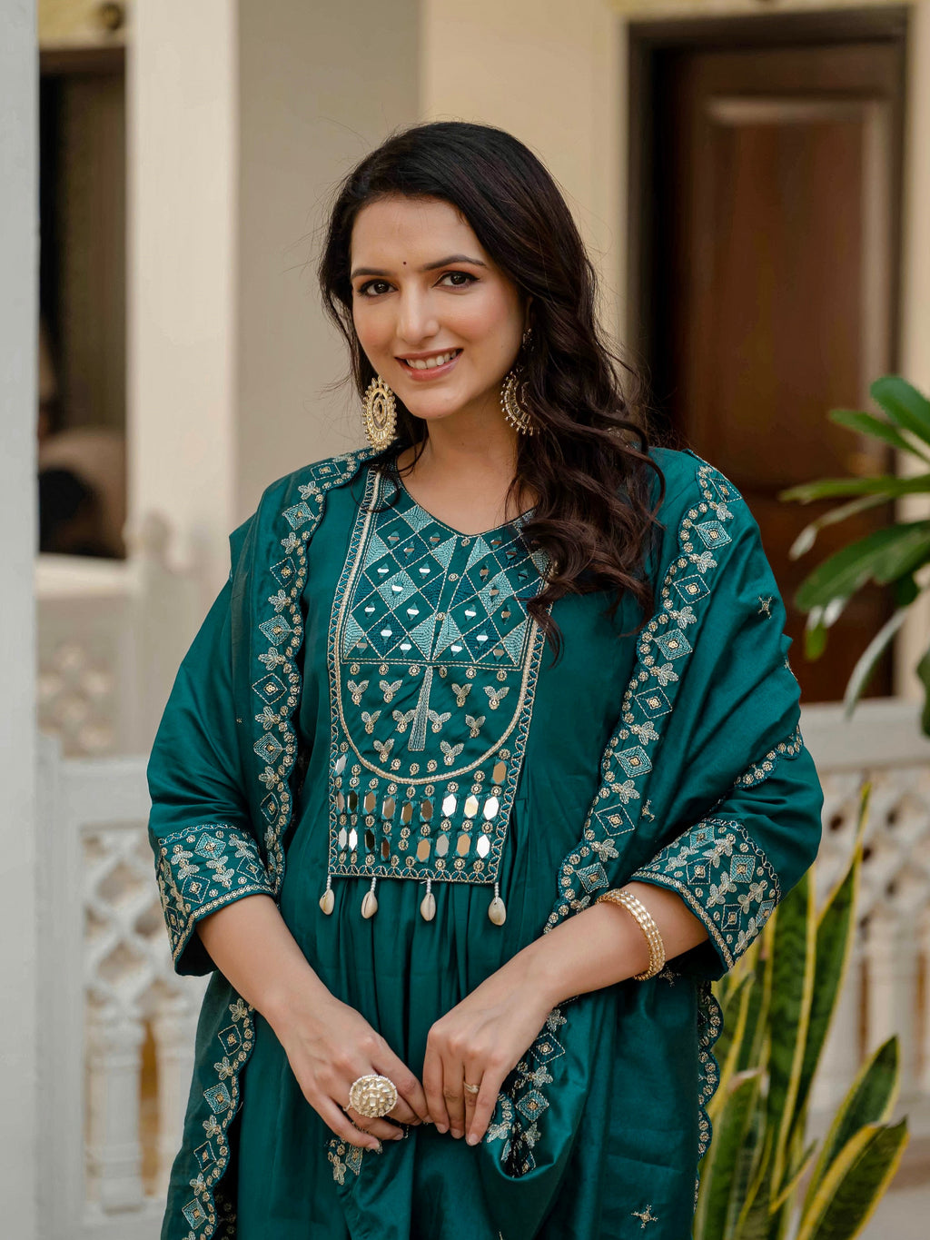 Vedant Vastram Roman Silk Hand Work & Embroidery Work Stitched Kurta Pant Dupatta Set-Rama - Distacart