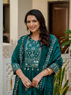 Vedant Vastram Roman Silk Hand Work & Embroidery Work Stitched Kurta Pant Dupatta Set-Rama - Distacart