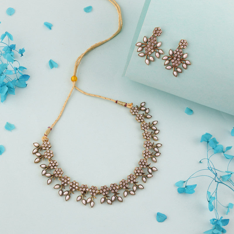 Tehzeeb Creations White Colour Pack of 1 Gold-Polished Choker Necklace Set With Earring For Women & Girls