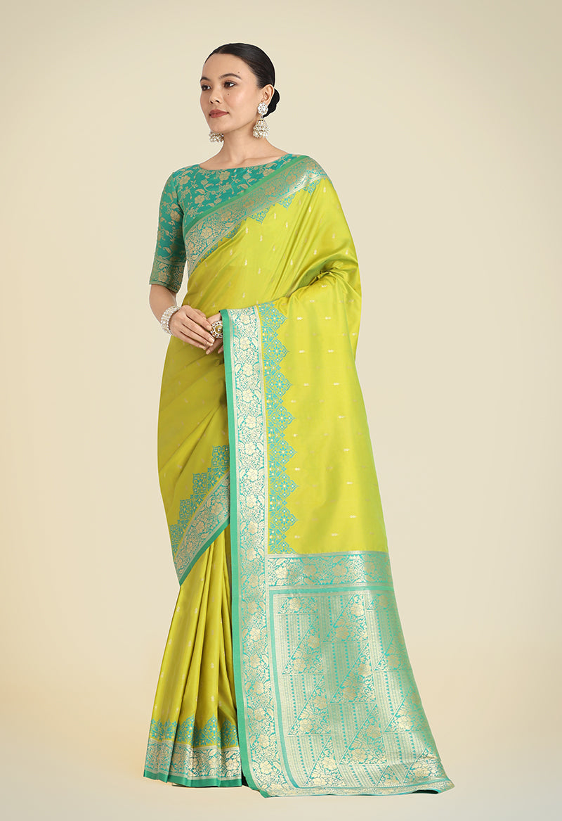 Monjolika Fashion Banarasi Silk Parrot Green Color Weaving Designer Saree