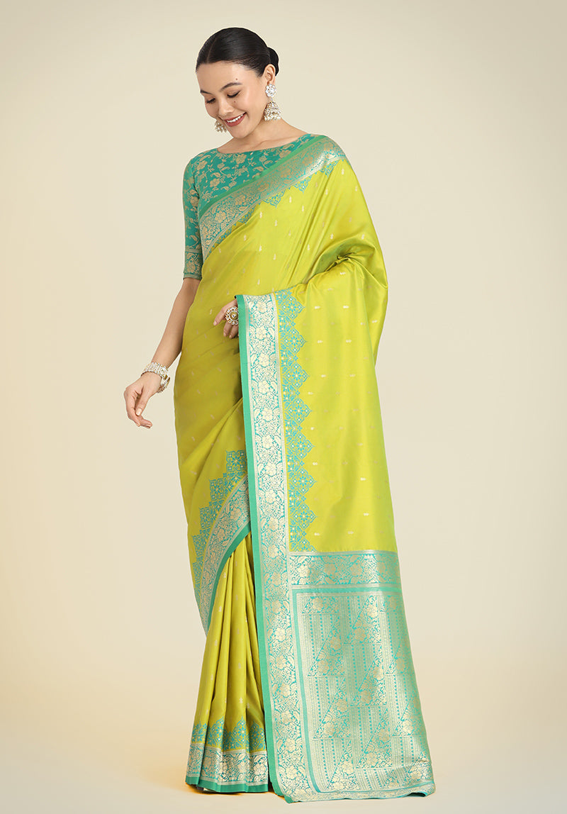 Monjolika Fashion Banarasi Silk Parrot Green Color Weaving Designer Saree