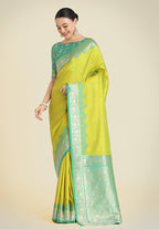 Monjolika Fashion Banarasi Silk Parrot Green Color Weaving Designer Saree