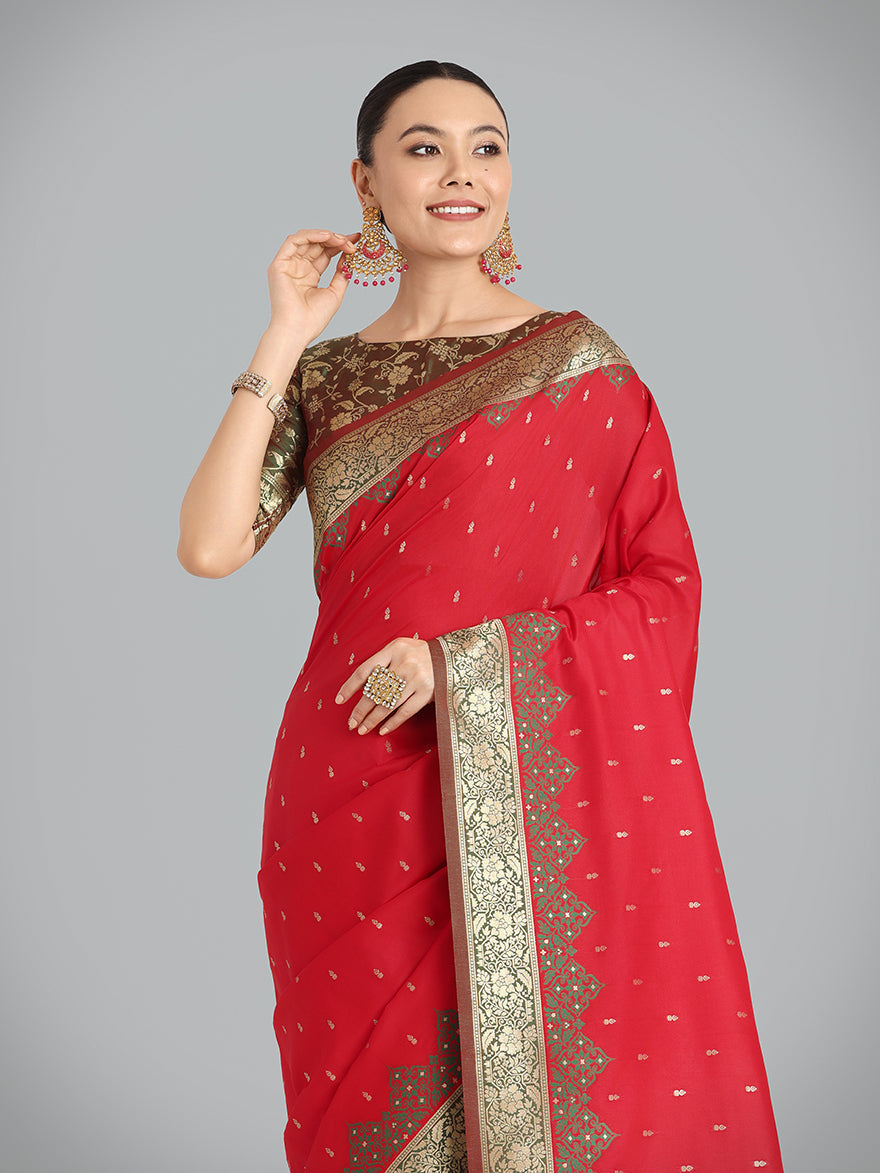 Monjolika Fashion Banarasi Silk Red Color Weaving Designer Saree - Distacart